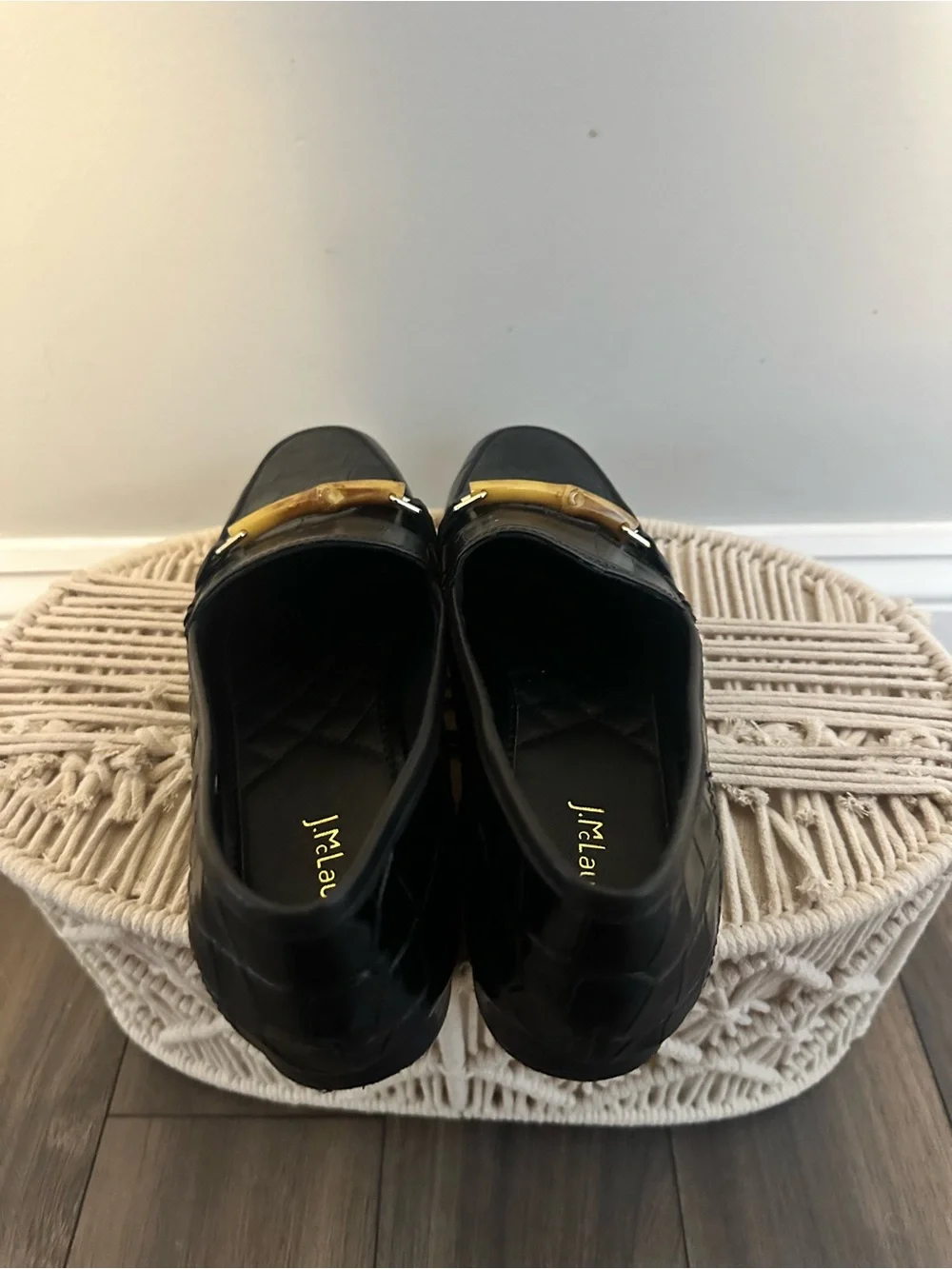 J. McLaughlin Black Croc-Embossed Leather Loafers with Gold-Tone Bar